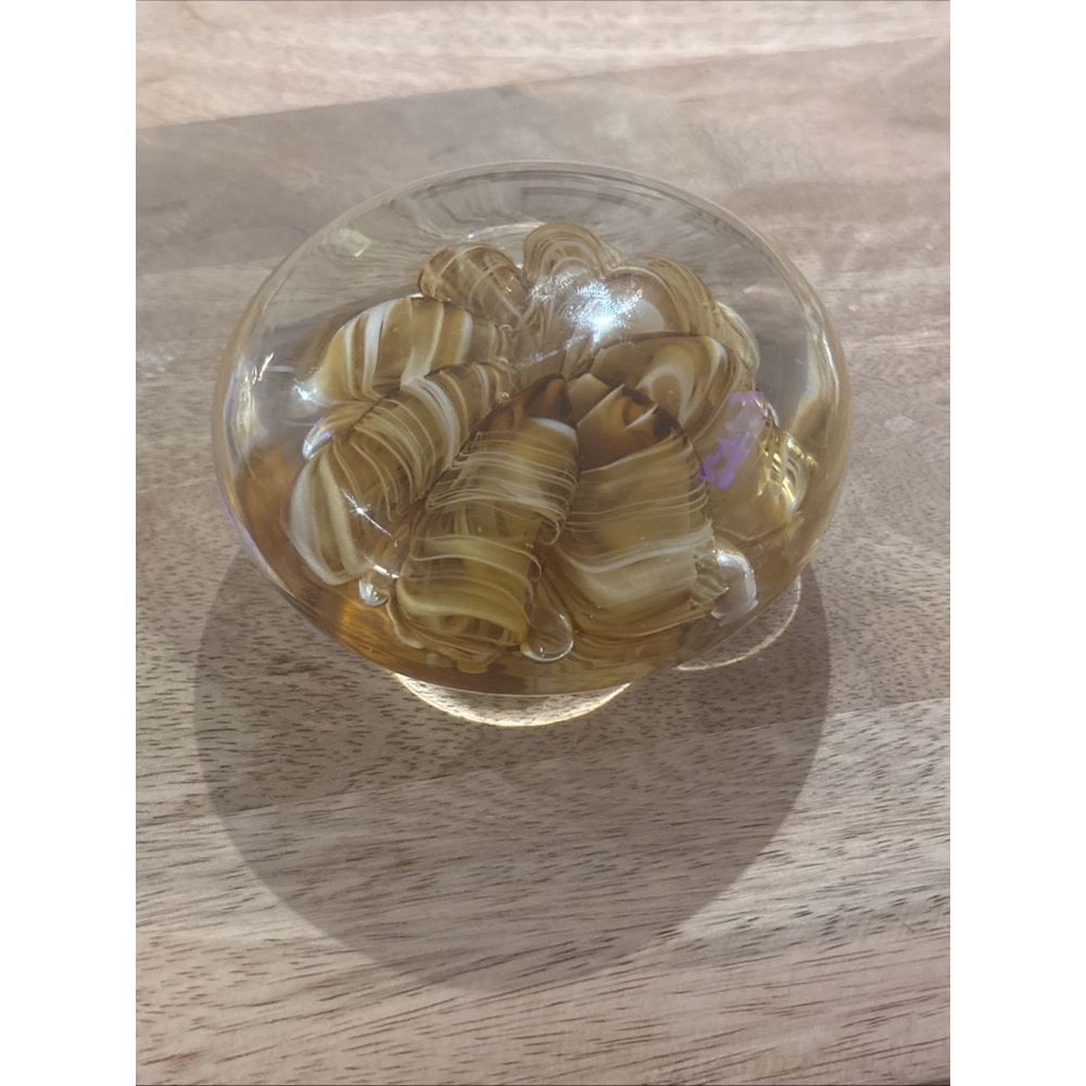 Joe St. Clair Glass Paperweight. Ribbon Crimp Amber White.